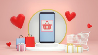 情人节购物在线概念购物应用程序智能手机白色油缸讲台上周围购物车礼物盒子购物袋和红色的心形状插图呈现