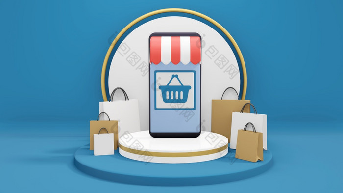 在线购物应用程序智能手机在线购物概念在线商店周围购物袋讲台上渲染dillustration