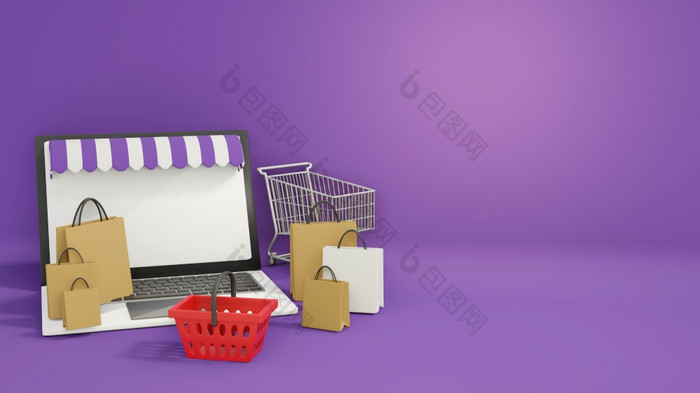 在线购物概念移动PC在线商店周围购物袋购物车和购物篮子呈现插图