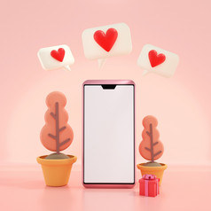 呈现插图情人节rsquo一天概念空白屏幕智能手机与泡沫演讲爱红色的心环绕粉红色的树和礼物盒子