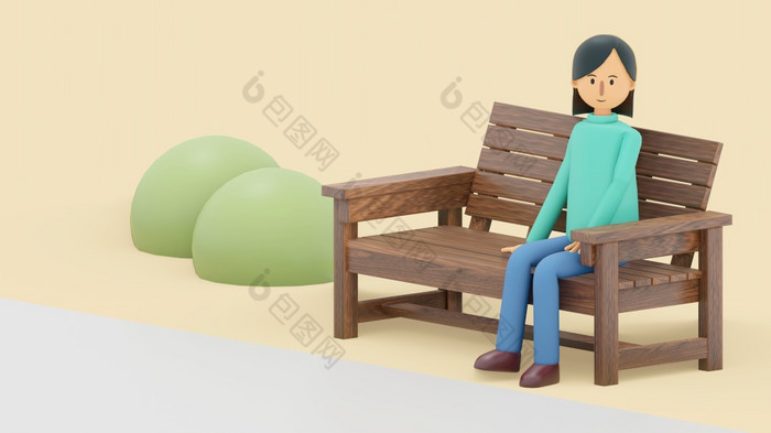 卡通字符女人坐着板凳上的公园渲染插图
