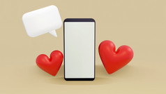 空白智能手机屏幕与红色的心附近的呈现插图约会应用程序概念爱文本闲谈，聊天情人节rsquo一天长距离的关系