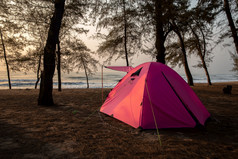 旅行和野营概念营帐篷晚上下天空完整的星星橙色照亮帐篷美丽的自然场森林平原月亮和月光