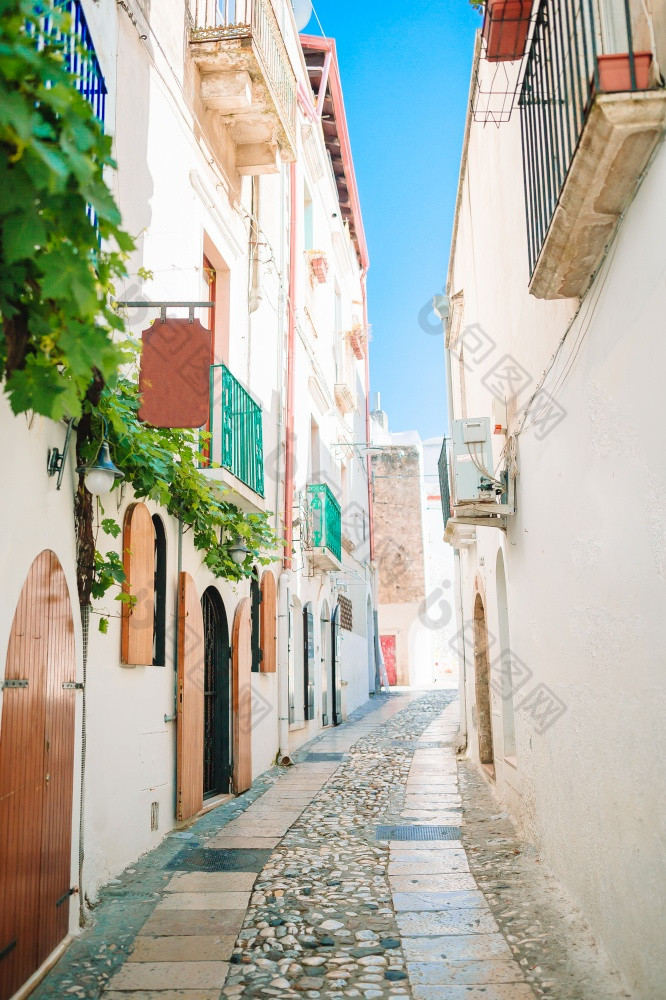 的狭窄的街道与楼梯白色房子和花美丽的村意大利的狭窄的街道的岛与蓝色的阳台楼梯和花