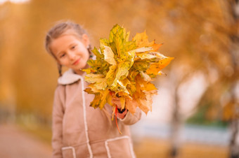 肖像可爱的小女孩在户外美丽的温暖的一天与黄色的叶子秋天肖像可爱的小女孩在户外美丽的温暖的一天与黄色的叶秋天