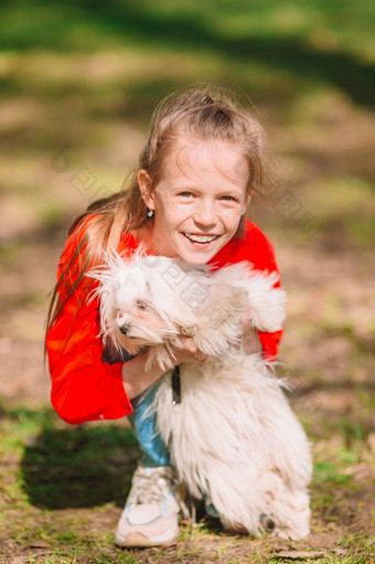 小微笑女孩有有趣的与小狗在户外的公园小女孩与白色小狗小狗的手女孩