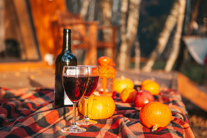 南瓜和瓶红色的酒与两个眼镜的毯子色彩斑斓的明亮的作文野餐自然南瓜和瓶红色的酒与两个眼镜的毯子