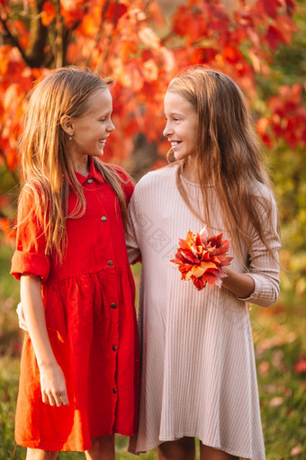 两个可爱的女孩森林<strong>温暖</strong>的阳光明媚的秋天一天小可爱的女孩在户外<strong>温暖</strong>的阳光明媚的秋天一天