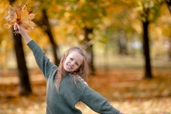 肖像可爱的小女孩秋天秋天公园在户外肖像可爱的小女孩与黄色的叶子花束秋天