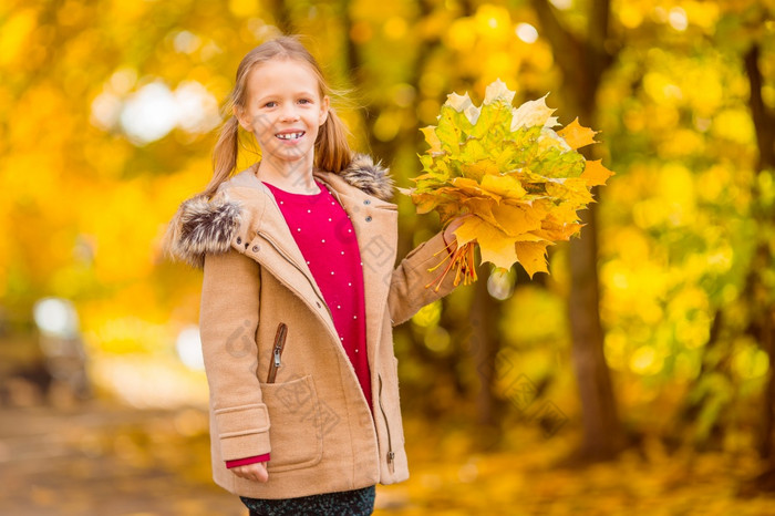 肖像可爱的小女孩与黄色的叶子花束秋天秋天公园在户外肖像可爱的小女孩与黄色的叶子花束秋天