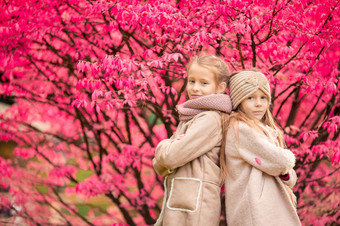 小快乐女孩在户外温暖的秋天一天孩子们秋天小可爱的女孩温暖的一天秋天公园在户外