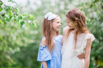 可爱的小女孩盛开的樱桃花园美丽的春天一天肖像两个孩子们在户外可爱的小女孩盛开的苹果树花园春天一天