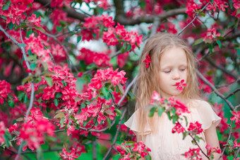 可爱的小女孩盛开的苹果花园美丽的春天一天肖像美丽的孩子衣服回来地面盛开的树可爱的小女孩享受春天一天苹果盛开的花园