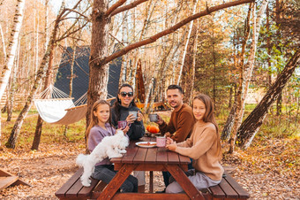 年轻的家庭秋天野餐家庭野营快乐家庭野餐的公园秋天