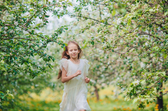美丽的小女孩盛开的苹果树花园春天一天有很多有趣的可爱的小女孩盛开的苹果花园美丽的春天一天