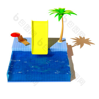 游泳池与幻灯片和棕榈渲染插图孤立的白色背景