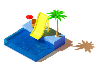 游泳池与幻<strong>灯片</strong>和棕榈渲染插图孤立的白色<strong>背景</strong>