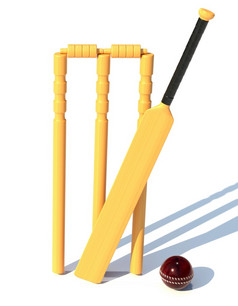 木蝙蝠和皮革红色的板球球渲染插图孤立的白色背景
