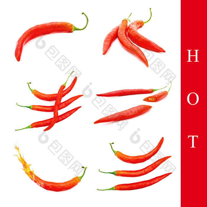 集不同的红色的辣椒图片在白色背景