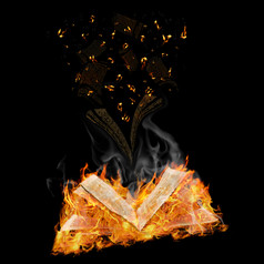开放魔法书火焰和飞行信对黑色的背景手稿不燃烧