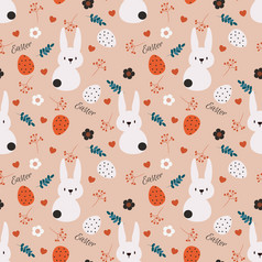 可爱的白色兔子和复活节鸡蛋无缝的模式可爱的兔子复活节背景
