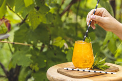 女人手持有喝稻草在橙色喝与冰夏天阳光明媚的花园背景新鲜的鸡尾酒饮料与冰水果和草装饰