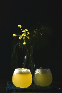 两个眼镜茴香花鸡尾酒与有机蛋白色茴香花粉和茴香花装饰场景照亮美丽的晚上阳光