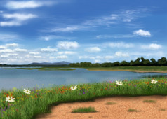 绘画下午湖与视图的山和的清晰的天空