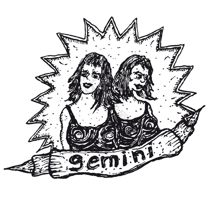 插图手画双子座星座标志与横幅手画双子座星图片