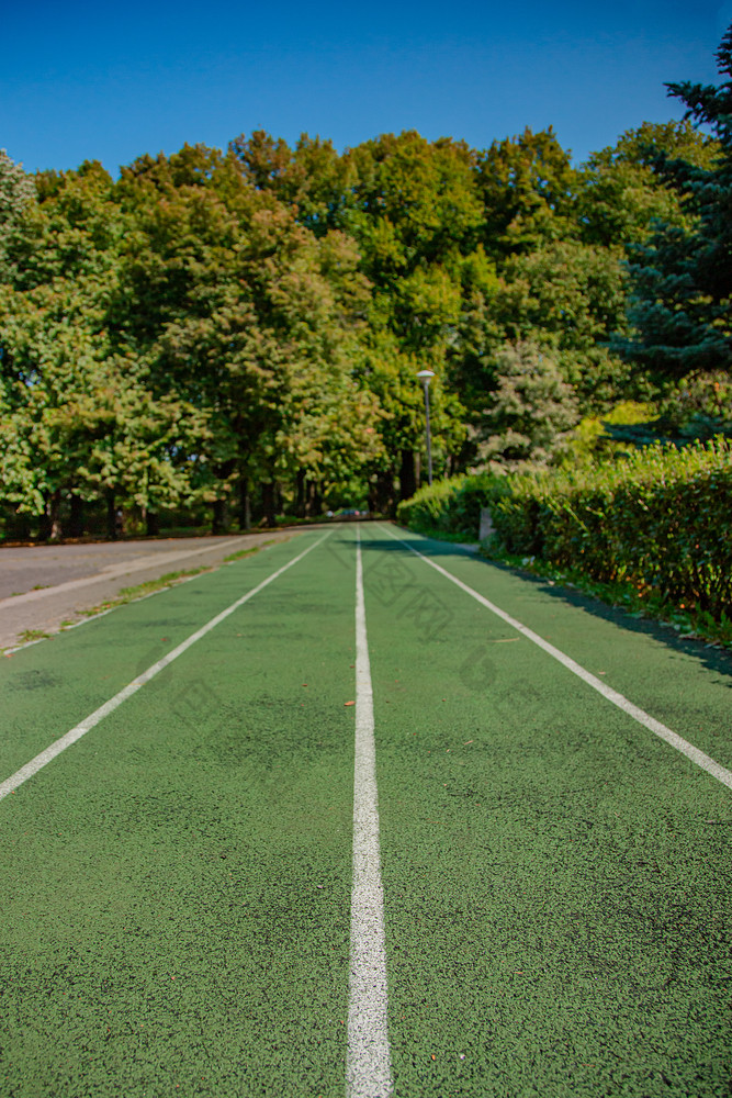 空绿色跑步机人工的地盘清晰的阳光明媚的一天跑步机体育运动场与绿色草和阳光