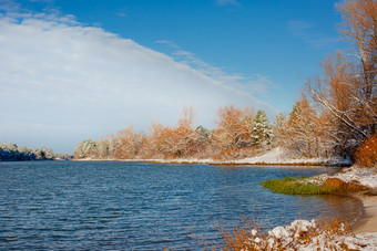 河景观冬天和树分支机构覆盖与白色霜冬天景观阳光明媚的一天河景观冬天和树分支机构覆盖与白色霜