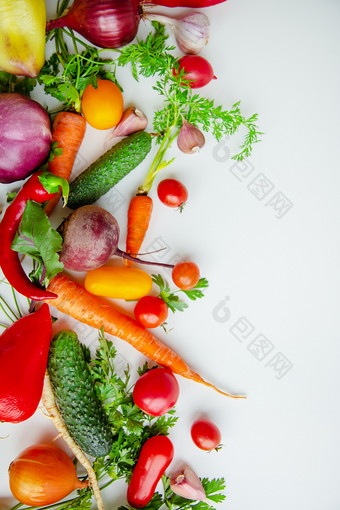 作文与生蔬菜西红柿辣椒胡萝卜茄子洋葱白色背景框架蔬菜复制空间为文本作文与生蔬菜白色背景框架蔬菜
