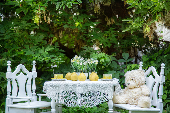 白色户外花园家具两个木椅子和表格的后院与花和茶设备两个木椅子和表格的后院与花和茶设备