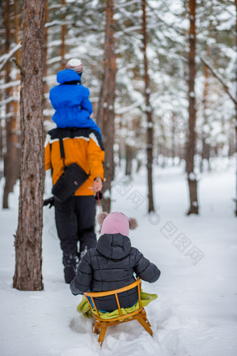 父<strong>亲走</strong>与他的年轻的孩子们的森林冬天冬天活动的雪雪橇和雪球父<strong>亲走</strong>与他的年轻的孩子们的森林冬天
