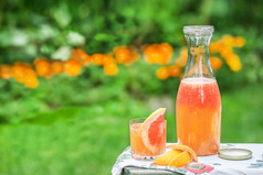 柑橘类鸡尾酒与冰和薄荷美丽的眼镜和壶新鲜的成熟的柑橘类的花园葡萄柚壶新鲜的柑橘类水果