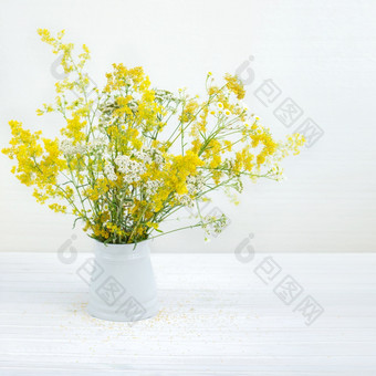 桶与野花怀特瓦斯与黄色的野花白色背景桶与野花白色