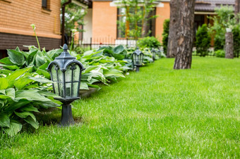 花园灯笼的绿色草景观设计花园灯笼绿色草