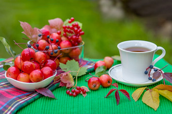 Herbal茶与柠檬和天堂苹果前视图白色木表格绿色和黄色的叶子红色的苹果茶的花园Herbal茶与柠檬和天堂苹果前视图白色木表格绿色和黄色的叶子红色的苹果