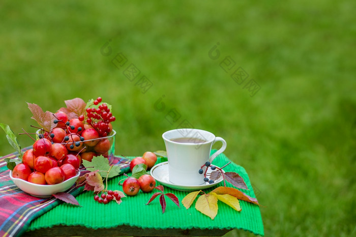 Herbal茶与柠檬和天堂苹果前视图白色木表格绿色和黄色的叶子红色的苹果茶的花园Herbal茶与柠檬和天堂苹果前视图白色木表格绿色和黄色的叶子红色的苹果