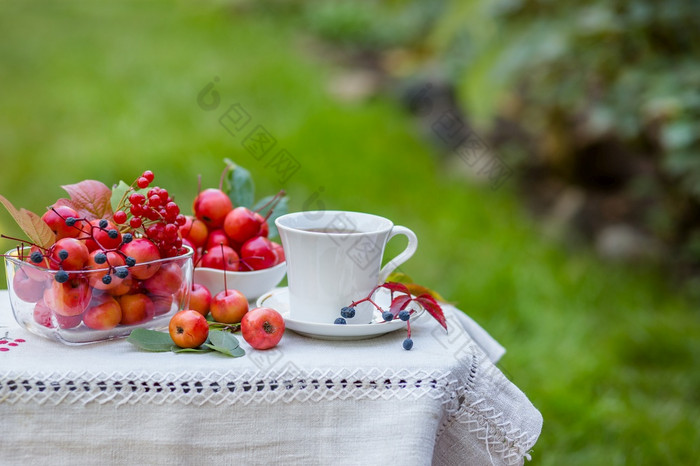 Herbal茶与柠檬和天堂苹果前视图白色木表格绿色和黄色的叶子红色的苹果茶的花园Herbal茶与柠檬和天堂苹果前视图白色木表格绿色和黄色的叶子红色的苹果