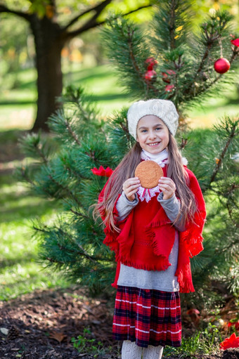 漂亮的女孩她的手与饼干的开放空气的院子里之前的假期快乐圣诞节和快乐假期漂亮的女孩她的手与饼干的开放空气的院子里之前的假期