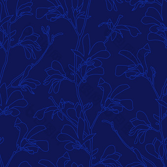 蓝色的花背景与分支<strong>和</strong>木兰花无缝的模式与木兰树开花<strong>春天</strong>设计与花元素手画植物插图蓝色的花背景与分支<strong>和</strong>木兰花无缝的模式与木兰树开花<strong>春天</strong>设计与花元素手画植物插图