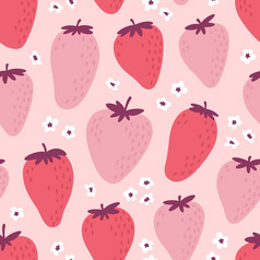可爱的无缝的模式与粉红色的草莓自然夏天打印与浆果新鲜的水果和花手画风格色彩斑斓的向量草莓背景