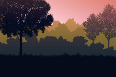 自然森林丛林橙色地平线树景观壁纸日出和日落插图向量风格色彩斑斓的视图背景