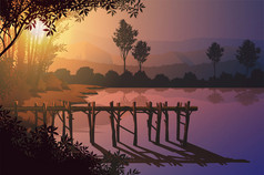 木港口的边缘的沼泽自然森林山地平线树景观壁纸日出和日落插图向量风格色彩斑斓的视图背景