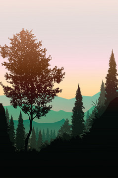 自然森林山地平线树景观壁纸日出和日落插图向量风格色彩斑斓的视图背景