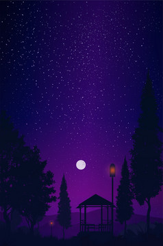 自然森林山地平线月光和布满星星的景观壁纸插图向量风格色彩斑斓的视图背景
