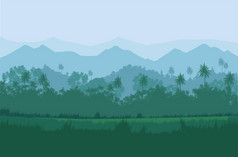 自然丛林绿色森林山地平线树景观壁纸插图向量漫画风格色彩斑斓的视图背景
