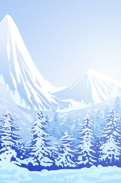 冬天雪自然松森林山地平线景观壁纸插图向量风格色彩斑斓的视图背景