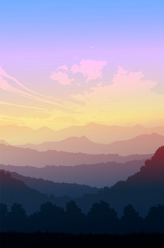 自然森林丛林地平线树景观壁纸日出和日落插图向量风格色彩斑斓的视图背景